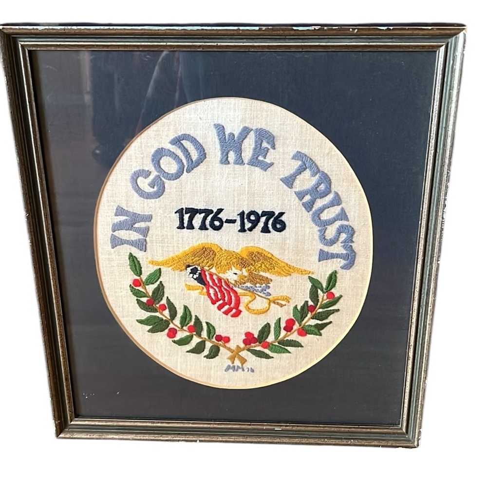 Vintage Crewel Framed In God We Trust 1976 Bicentennial Crewel